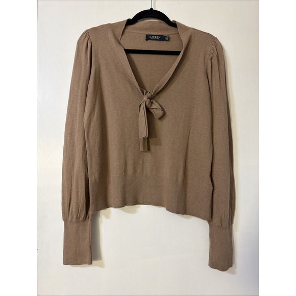 Lauren Ralph Lauren Women's Winter Brown Tie Neck Puff Sleeve Sweater Size L - Picture 2 of 7